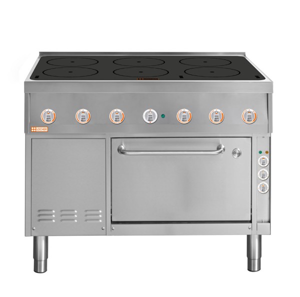 LOCHER 227211 Induktionsherd, 6 Kochstellen á 5 kW - mit Brat- und Backofen GN 1/1+ mit Umluf