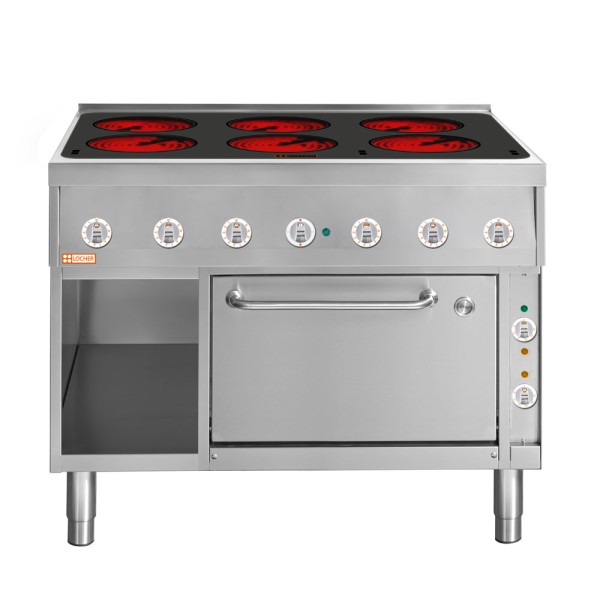 LOCHER 227312 Elektroherd, 6 Kochstellen á 3 kW, - Strahlheizkörper und Bratofen GN 1 1/2 mit