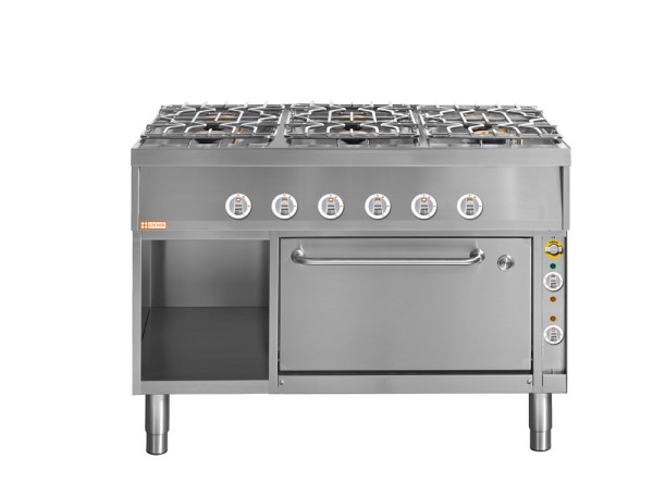 LOCHER 227006 Gasherd, 6 Kochstellen - und Elektro-Bratofen GN 1 1/2 mit Ober-/Unterhitze