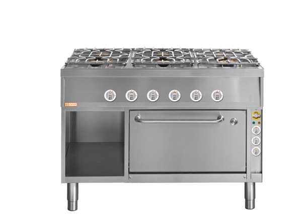 LOCHER 228106 Gasherd, 6 Kochstellen - und Elektro-Brat- und Backofen GN 1 1/2 mit Umluft