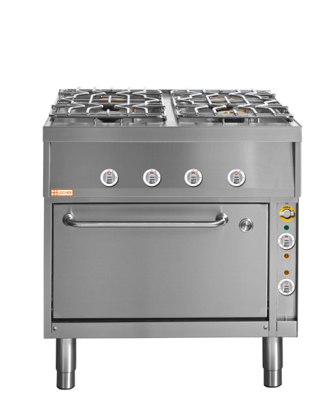 LOCHER 228002 Gasherd, 4 Kochstellen - und Elektro-Bratofen GN 2/1 mit Ober-/Unterhitze